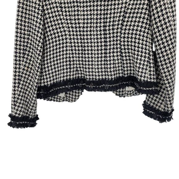 WHBM  Womens Wool Blend Houndstooth Blazer Sz 2 Ruffle Chain Fringe Trim Black - Picture 11 of 15